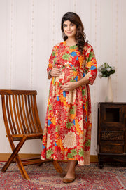 Nayo Red Printed Maternity Dress For Women