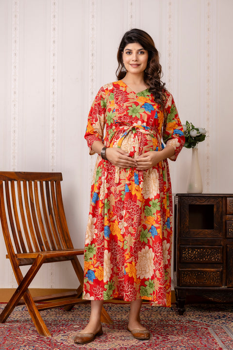 Nayo Red Printed Maternity Dress For Women