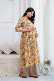 Nayo Cream Printed Maternity Dress For Women