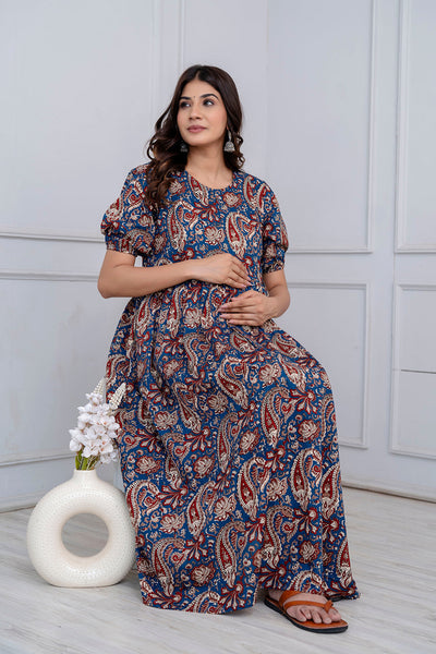 Nayo Blue Printed Maternity Dress For Women