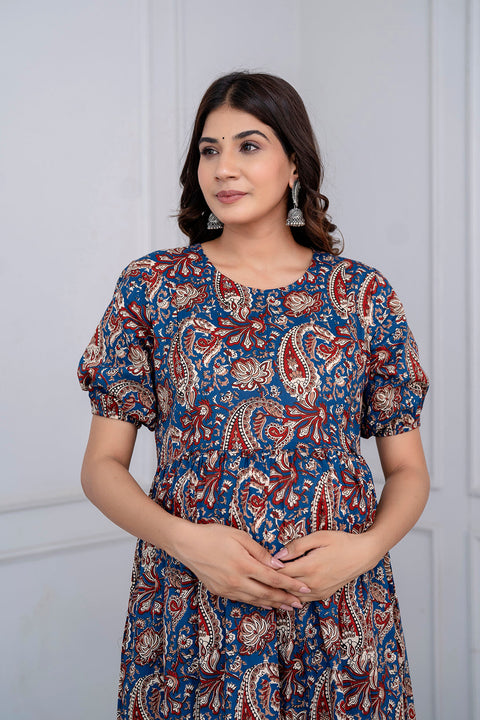 Nayo Blue Printed Maternity Dress For Women