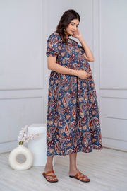 Nayo Blue Printed Maternity Dress For Women