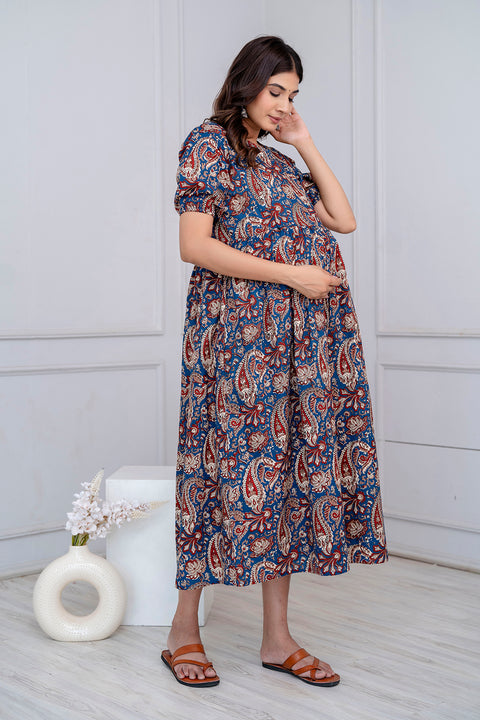 Nayo Blue Printed Maternity Dress For Women