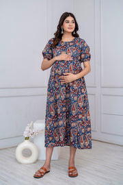 Nayo Blue Printed Maternity Dress For Women