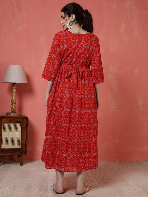Nayo Red Printed Maternity Dress For Women