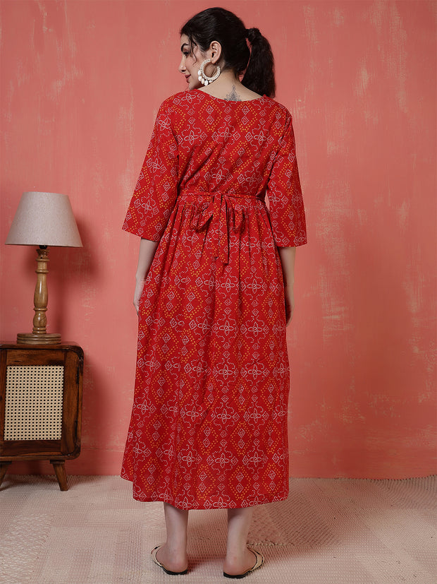 Nayo Red Printed Maternity Dress For Women