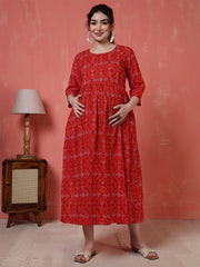 Nayo Red Printed Maternity Dress For Women