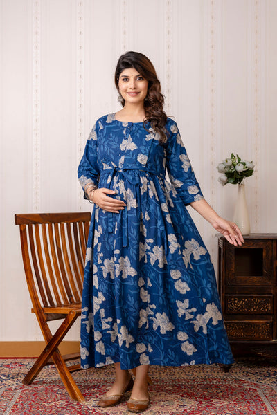 Nayo Blue Printed Maternity Dress For Women