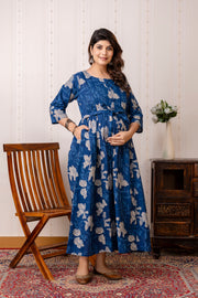 Nayo Blue Printed Maternity Dress For Women
