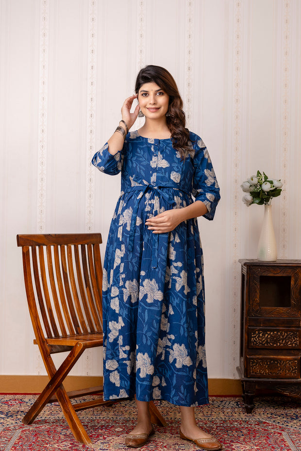 Nayo Blue Printed Maternity Dress For Women