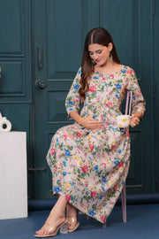 Women Beige Printed Flared Maternity Dress