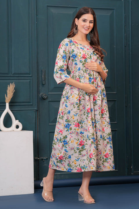 Women Beige Printed Flared Maternity Dress