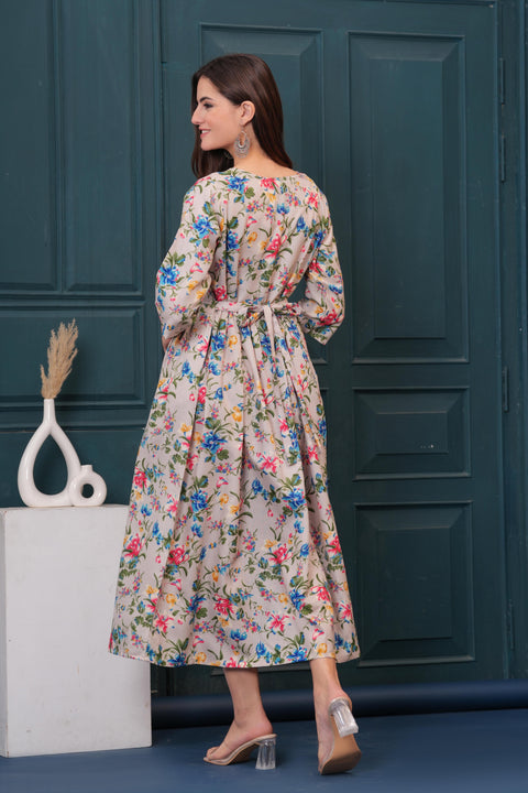 Women Beige Printed Flared Maternity Dress