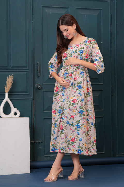 Women Beige Printed Flared Maternity Dress