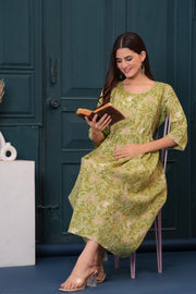 Women Green Printed Flared Maternity Dress