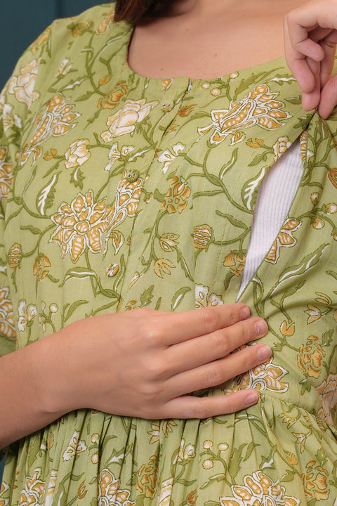 Women Green Printed Flared Maternity Dress
