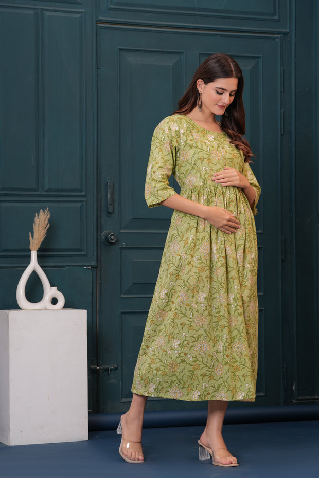 Women Green Printed Flared Maternity Dress