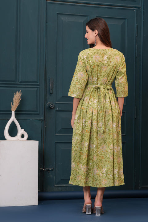 Women Green Printed Flared Maternity Dress