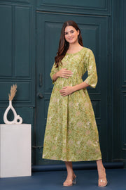 Women Green Printed Flared Maternity Dress