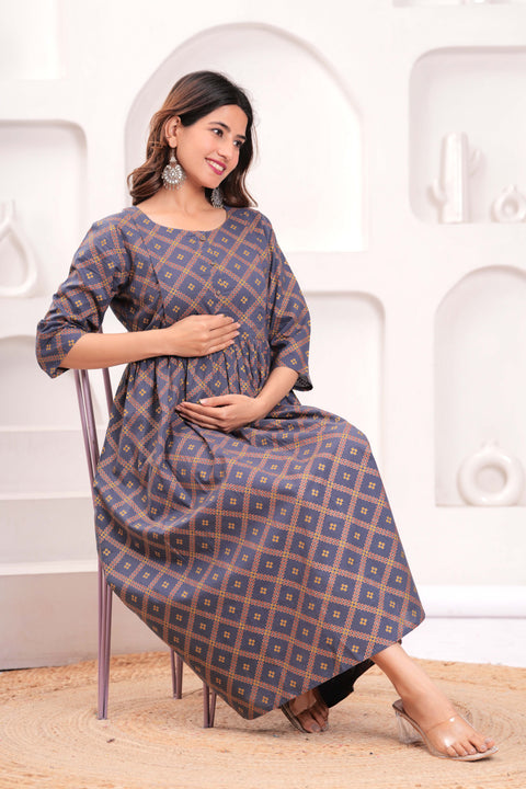 Women Grey Printed Flared Maternity Dress