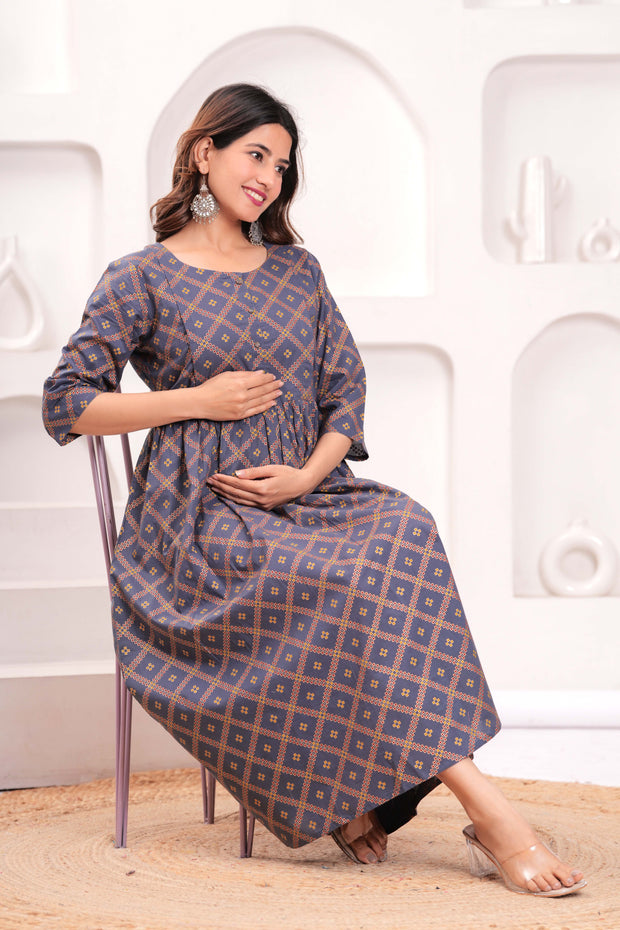 Women Grey Printed Flared Maternity Dress