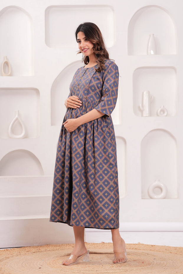 Women Grey Printed Flared Maternity Dress