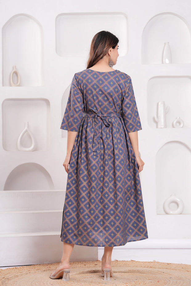 Women Grey Printed Flared Maternity Dress