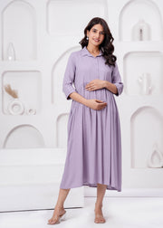 Lavender Solid Flared Maternity Dress For Women