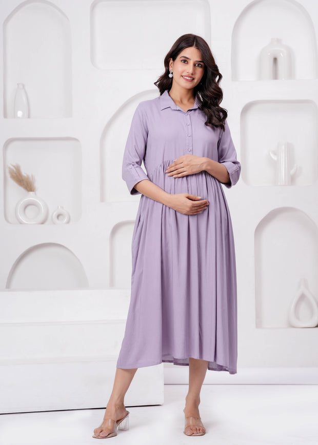 Lavender Solid Flared Maternity Dress For Women
