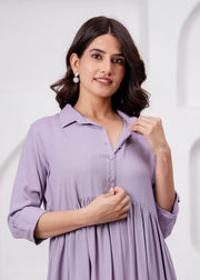 Lavender Solid Flared Maternity Dress For Women