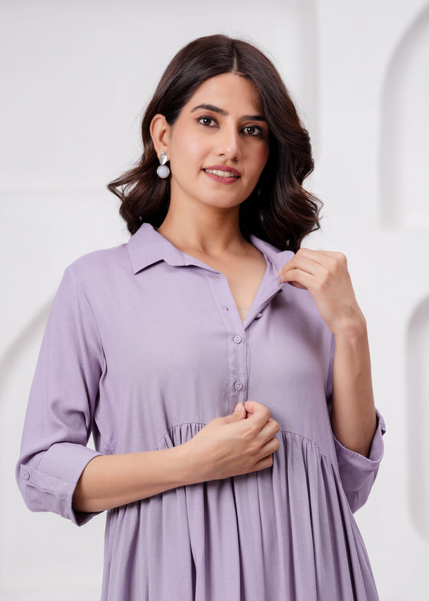 Lavender Solid Flared Maternity Dress For Women