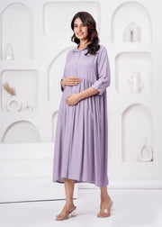 Lavender Solid Flared Maternity Dress For Women