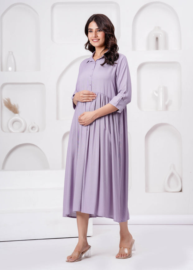 Lavender Solid Flared Maternity Dress For Women