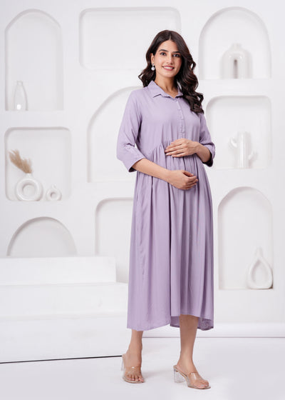 Lavender Solid Flared Maternity Dress For Women
