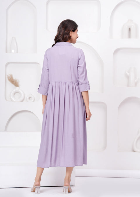 Lavender Solid Flared Maternity Dress For Women