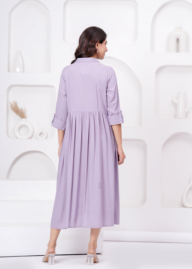 Lavender Solid Flared Maternity Dress For Women