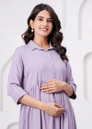Lavender Solid Flared Maternity Dress For Women
