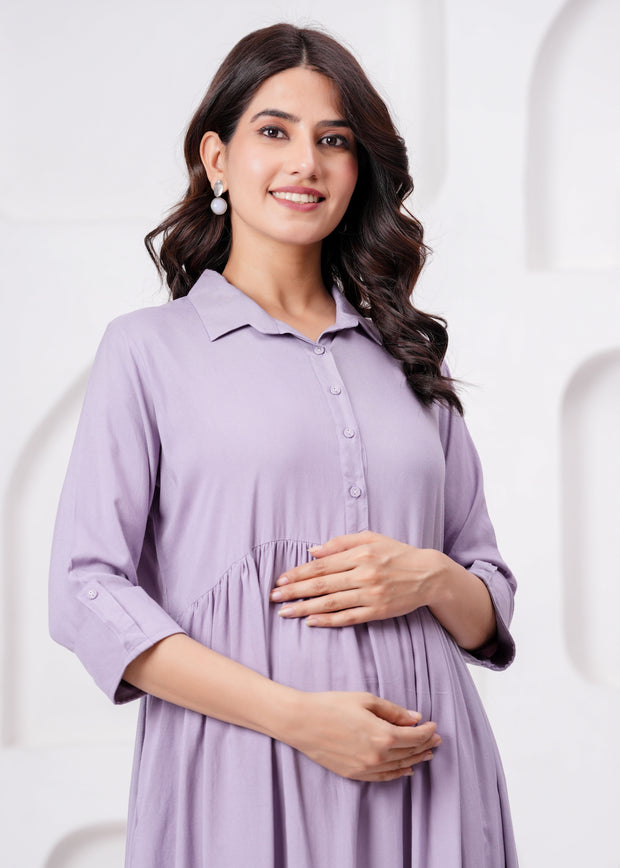 Lavender Solid Flared Maternity Dress For Women