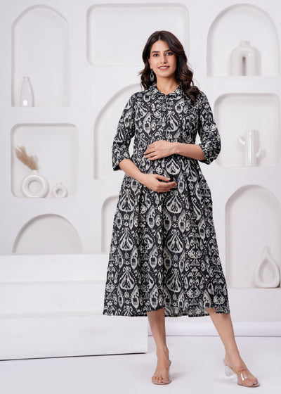 Black Printed Flared Maternity Dress For Women