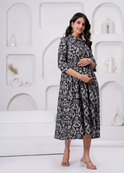 Black Printed Flared Maternity Dress For Women