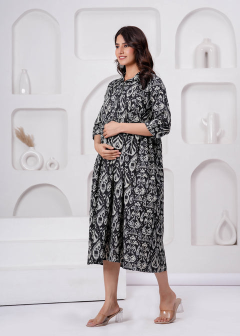 Black Printed Flared Maternity Dress For Women