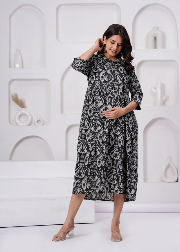 Black Printed Flared Maternity Dress For Women