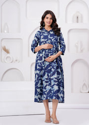 Blue Printed Flared Maternity Dress For Women