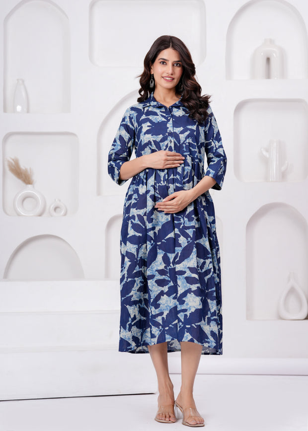 Blue Printed Flared Maternity Dress For Women