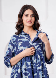 Blue Printed Flared Maternity Dress For Women