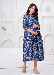 Blue Printed Flared Maternity Dress For Women