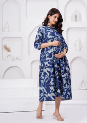 Blue Printed Flared Maternity Dress For Women