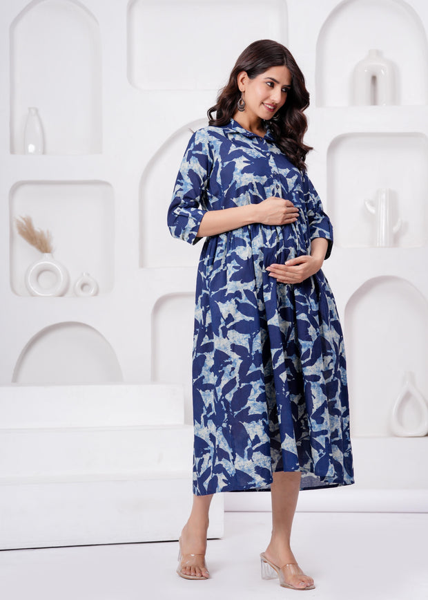 Blue Printed Flared Maternity Dress For Women