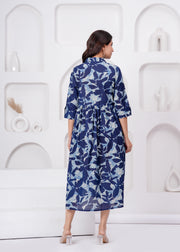 Blue Printed Flared Maternity Dress For Women