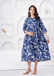 Blue Printed Flared Maternity Dress For Women